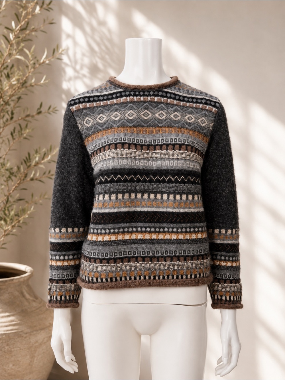 Alpaca 111 100% Alpaca Nordic Fair Isle Roll Neck Sweater Gray Brown XS